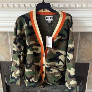 NWT KBB by Kahlana The Slouchy Camo V-Neck Cardigan with Orange Trim